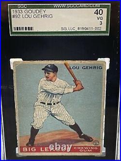 1933 Goudey #92 Lou Gehrig Card SCG 40 VG 3 New York Yankees HOF FREE SHIPPING