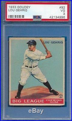 1933 Goudey Lou Gehrig Card #92 NEW YORK YANKEES Centered & High End VG PSA 3