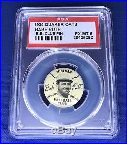 1934 Babe Ruth Baseball Club Pin Psa 6 Ex-mt! New York Yankees Quaker Oats