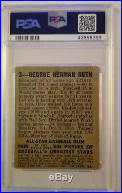 1948 Leaf #3 Babe Ruth PSA Authentic Bright Red Color gorgeous register Beauty