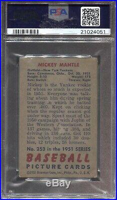 1951 Bowman Baseball #253 Mickey Mantle Rookie Rc Psa 2 Good Yankees Rare