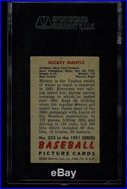 1951 Bowman MICKEY MANTLE Rookie RC Yankees HOF #253 SGC 2.5