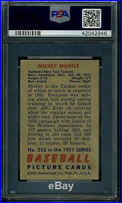 1951 Bowman Mickey Mantle Rookie Card Rc #253 Psa 4 Vg-ex