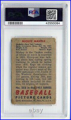 1951 Bowman New York Yankees Mickey Mantle #253 Psa Pr 1 Rookie Card! Hof