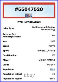 1958 Topps Mickey Mantle #150 PSA 4 VG-EX New York Yankees