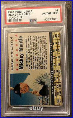 1961 Post Cereal Mickey Mantle Baseball Card #4 Yankees HOF Graded PSA Authentic