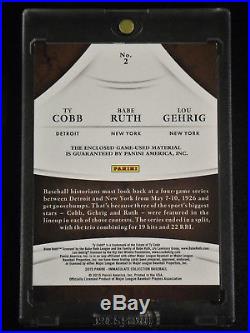 2015 Panini Immaculate Ty Cobb/Babe Ruth/Lou Gehrig Game-Used Card #4/25 Nice