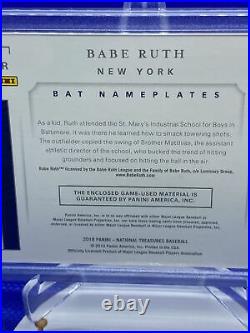 2019 Panini National Treasures Babe Ruth 1/1 Bat Nameplate New York Yankees MINT