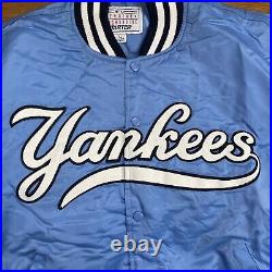 90's Vintage Starter MLB New York Yankees Baby Blue Satin Jacket Size L Used VTG