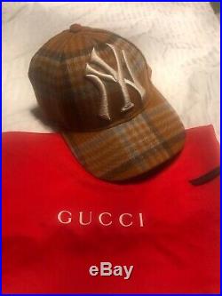Gucci New York Yankees Plaid Baseball Hat Tangerine Wool Adjustable Diamante