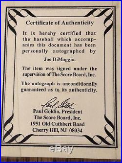 Joe DiMaggio Autographed Baseball & Display-The Scoreboard, Inc. Authenticated