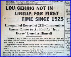 LOU GEHRIG Consecutive Baseball Games Streak ENDS New York Yankees1939 Newspaper