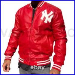 NY Yankees Letterman Varsity Leather Jacket Red And Navy