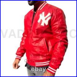 NY Yankees Letterman Varsity Leather Jacket Red And Navy