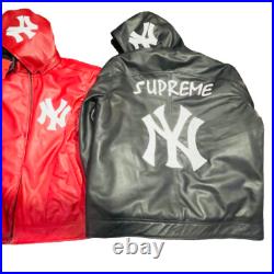 NY Yankees Letterman Varsity Leather Jacket with Removeable Hood Red And Black