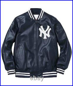 New New York Yankees Baseball Letterman Varsity Leather Jacket Navy Blue And Red