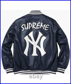 New New York Yankees Baseball Letterman Varsity Leather Jacket Navy Blue And Red