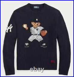 Polo Ralph Lauren New York NY Yankees MLB Leather Wool Cashmere Bear Sweater NWT
