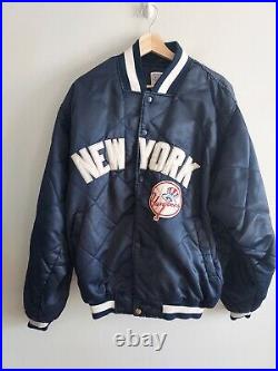 Vintage Majestic New York Yankees Navy Blue Quilted Satin Bomber Jacket Size XL